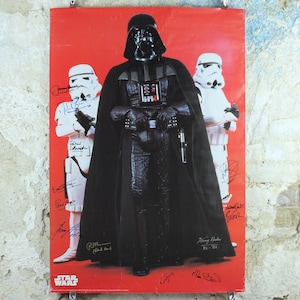 Signed Darth Vader Star Wars Poster, 11 signatures inc R2D2, Boba Fett, Wicket, Bib Fortuna, Greedo & Owen, wall art cinema film memorabilia