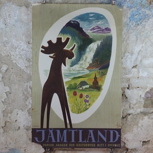 1955 Swedish Jamtland Travel Poster, the souvenir Jamtalgen wooden Moose, Jämtälgen, Sweden Jämtland tourism vacation wall art decor