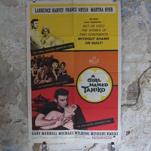 Oryginalny plakat filmowy Vintage Dziewczyna o imieniu Tamiko 1962 Sztuka ścienna z lat 60. XX wieku Ameryka Japonia czerwony pomarańczowy żółty USA jednostronicowe kino pamiątki filmowe