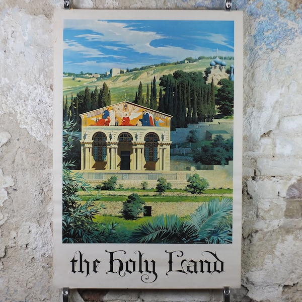 1960s The Holy Land Poster, Jerusalem, Church of All Nations in Gethsemane Garden by Conger Metcalf, Travel tourism vacation wall art decor