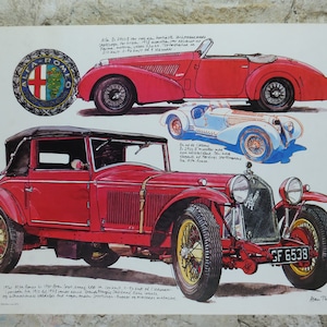 以下が含まれることがあります： 赤と青のクラシックなアルファロメオ車のイラスト。コンバーチブルとクーペが含まれています。画像にはアルファロメオのロゴとテキストが表示されています。車は黄色のホイールと黒いタイヤです。