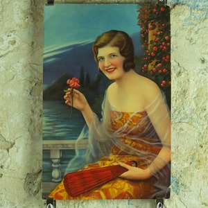 Original Vintage Colourful Art Deco “Fan and Roses” Print lake wall art 1920s / 1930s