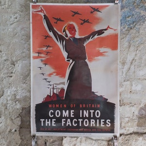 Vintage British WW2 Women of Britain Come into the Factories Propaganda Poster Telegraph bombers reprint print wall art 1980s
