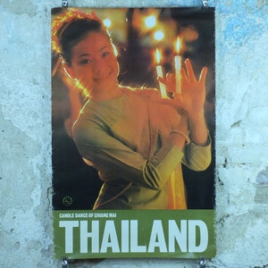 1980 Thailand Travel Poster, Candle Dance of Chiang Mai, culture, people, temples, travel tourism, advertising print, wall art retro decor