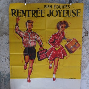 Original Vintage French Children Kids Back to School Poster fashion style bag happy running Advertising print R Hennin wall art retro 1960s image 1