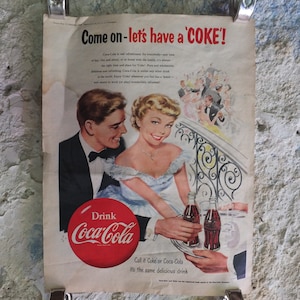 Original Vintage Cocacola Coke Poster Advertising Coca Cola beverage soda pop Coca-Cola carbonated fizzy bottle print wall art retro 1950s