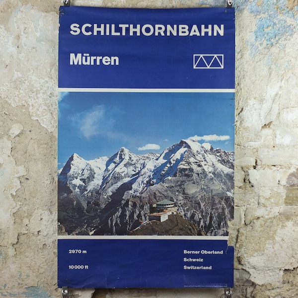 1960s Schilthornbahn Skiing Poster, Murren, Switzerland, Schweiz, Suisse, damaged, Piz Gloria Mountain, tourism vacation wall art decor