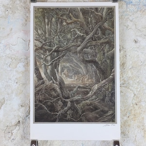 Poster firmato Mirkwood del 1997, di Alan Lee, At the Forest Gate da Lo Hobbit, J.R.R. Tolkien, illustrazione stampa decorazione da parete