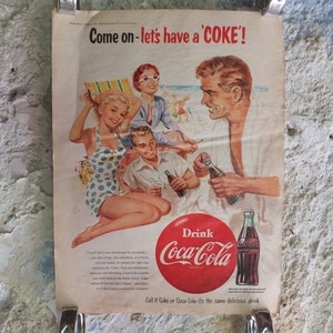 Original Vintage Cocacola Coke Poster Advertising Coca Cola beverage soda pop Coca-Cola carbonated fizzy bottle print wall art retro 1950s