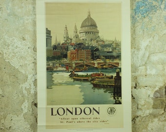 Vintage British London Travel Poster, St Pauls Cathedral, River Thames, Britain by Frank Mason, Advertising travel tourism wall art 1980s