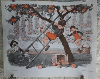 Original Vintage French MDI school poster first day school picking apples wall art double sided early years retro interior design 1970s