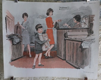 Original Vintage French MDI school poster clothes fashion delicatessen market wall art double sided early years retro interior design 1970s