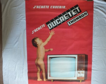 Vintage Baby Poster, French Ducretet Thomson, HOT pink, television j'achete l'avenir future advertising print wall art retro 1960s 1966