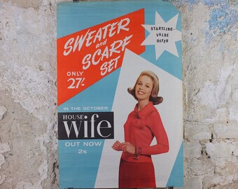 1950s The Housewife Newsagent Poster, Sweater and Scarf set, an anachronism from yesterday, magazine media print wall art retro
