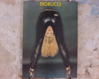 1980s Fiorucci rare Poster, Italian fashion label, blonde woman bent over in shiny vinyl latex black jeans, advertising retro wall art decor
