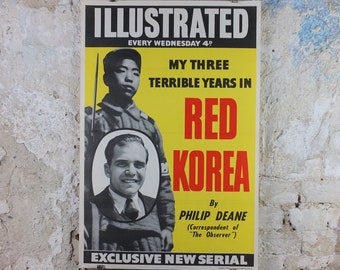 1950s Illustrated Newsagent Poster, Communist North Korea, Red Korea, Philip Deane, The Observer magazine media print wall art retro
