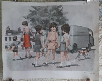Original Vintage French MDI school poster postman school friends wall art double sided early years retro interior design 1970s