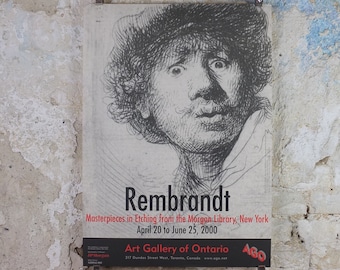 2000 Rembrandt Poster, Self Portrait in a cap, open mouthed 1630, Art Gallery of Ontario etching,  artist gallery exhibition, wall art decor