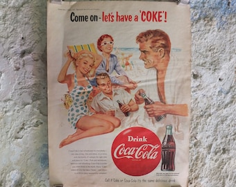 Original Vintage Cocacola Coke Poster Advertising Coca Cola beverage soda pop Coca-Cola carbonated fizzy bottle print wall art retro 1950s
