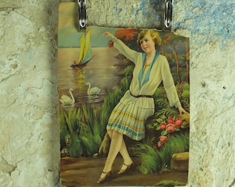 Damaged Original Vintage Colourful Art Deco pin up Girl with Swans Print wall art 1920s / 1930s