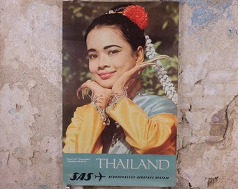 1960s SAS Thailand Travel Poster, Nail Dance of Chiang Mai, Scandanavian Airlines, Fawn Leb, airline advertising, wall art retro decor