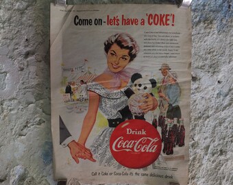 Original Vintage Cocacola Coke Poster Advertising Coca Cola beverage soda pop Coca-Cola carbonated fizzy bottle print wall art retro 1950s