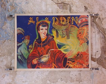 1930s Aladdin Pantomime Poster, panto theatre from Taylors of Wombwell Yorkshire, lithograph wall art decor