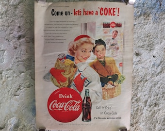 Original Vintage Cocacola Coke Poster Advertising Coca Cola beverage soda pop Coca-Cola carbonated fizzy bottle print wall art retro 1950s