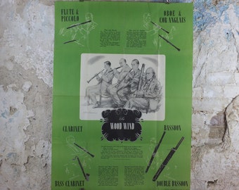 Vintage Woodwind Instruments Music Poster, Flute, Piccolo, Oboe, Clarinet, Bassoon, classical music wall art decor