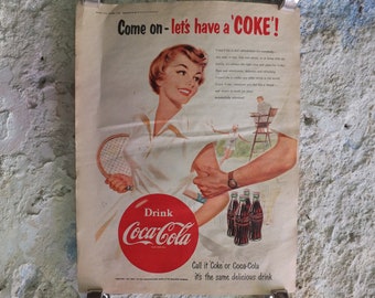 Original Vintage Cocacola Coke Poster Advertising Coca Cola beverage soda pop Coca-Cola carbonated fizzy bottle print wall art retro 1950s