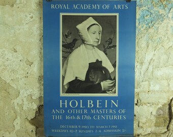 Original Vintage Royal Academy of Arts Poster Holbien and Masters 16C 17C Lady Squirrel Starling gallery exhibition wall art 1950s