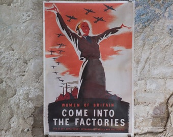 Vintage British WW2 Women of Britain Come into the Factories Propaganda Poster Telegraph bombers reprint print wall art 1980s