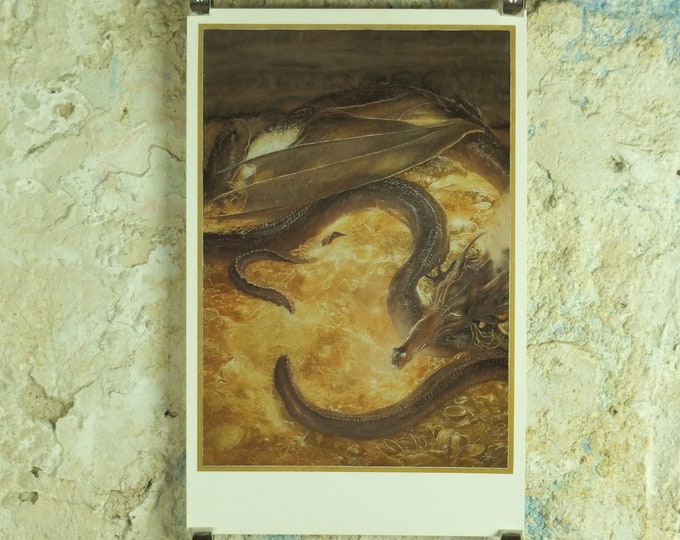 Featured listing image: 1997 Smaug Poster, by Alan Lee, Under the Lonely Mountain from The Hobbit, J.R.R. Tolkien, Erebor, illustration print wall art decor