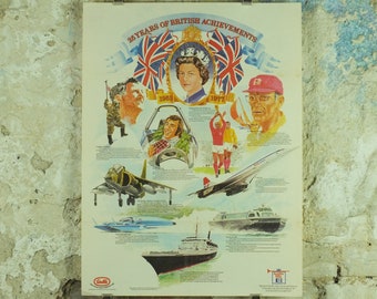 1978 Vintage British Silver Jubilee Poster, 1952-1978, 25 years of Achievement, spitfire sports concorde Advertising print wall art 1970s