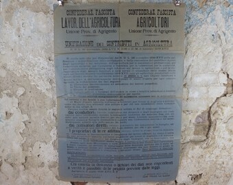 1938 Agriculture in Agrigento Poster, original paper notice for combined fascist agriculture organisations in Sicily, Italy, wall art decor