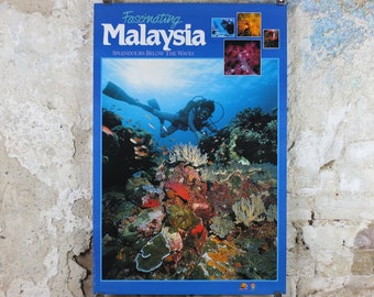 1990 Malaysia Travel Poster, Scuba Diving, Snorkling, Coral Reef, tropical fish, travel tourism, advertising print, wall art retro decor