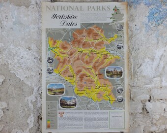 1968 Yorkshire Dales Poster, National Parks, The Pennines, Hawes, Bolton Abbey, Ridings, Travel and Tourism, walking trail, wall art decor
