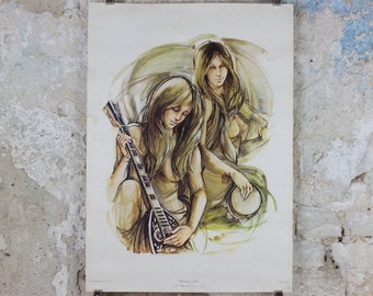 1970s Mandolin and Tambourine Musicians Poster, by A Bergmann, French, Chanson a deux, music wall art decor
