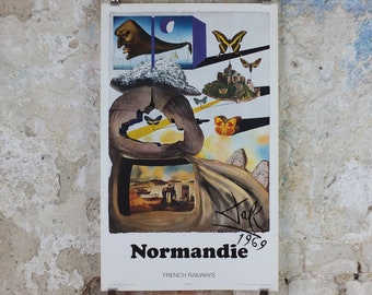 Vintage Dali Normandie Poster, Salvador Dali, Butterflies, SNCF, travel tourism, 60cmx37cm, Chemins de fer Francais, wall art 1970s