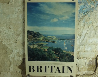 Torquay, Devon Travel Poster, Britain, Devonshire, Resort, harbour boats, travel tourism, holiday vacation wall art 1950s
