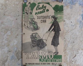 Original Vintage Talmo Baby Pram Poster Sunshine Walker Stroller Carriage Pushchair car buggy deco advertising print wall art retro 1930s
