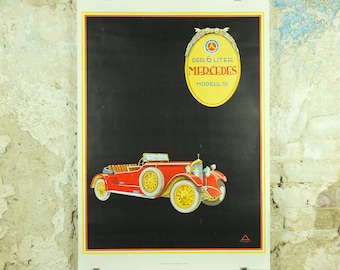 Vintage German Mercedes Benz Poster, 6 Litre Mercedes Model SS, art deco nouveau, Advertising print wall art 1980s