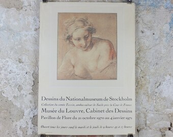 1970 François Boucher Poster, drawing of a young woman in Rococo style, Musee de Louvre, gallery exhibition wall art decor