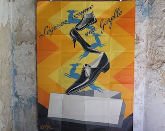 Original Vintage French poster high heel shoes boots fashion Light like a Gazelle legeres comme un footwear  wall art retro 1950s 1952