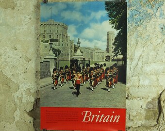 Original Vintage British Windsor Castle Travel Poster Britain Scots guards bagpipes hill round tower travel tourism holiday wall art 1950s