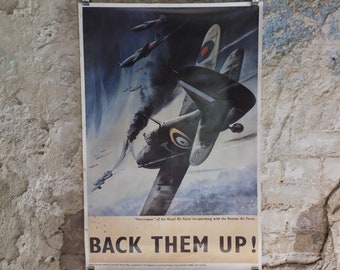 Vintage British WW2 Back them Up Spitfire Hurricane Propaganda Poster Jobson Telegraph fighters royal air force reprint print wall art 1980s