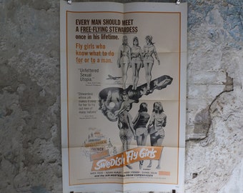 Original Vintage Movie Poster Swedish Fly Girls 1971 1970s wall art air hostess stewardess man cave  US one sheet cinema film memorabilia