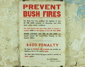Vintage Australian Prevent Bush Fires Poster, 400 dollar fine, signed by B Chatterton, Minister for Agriculture wall art from the 1970s