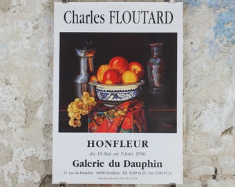 1996 Charles Floutard Poster, still life with peaches, oranges, lemons and apples, artist gallery exhibition, wall art decor