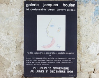 1979 Jean Cocteau Poster, Galerie Jacques Boulan, Portrait Face Profile,  surrealist avant-garde Dada, gallery exhibition wall art decor